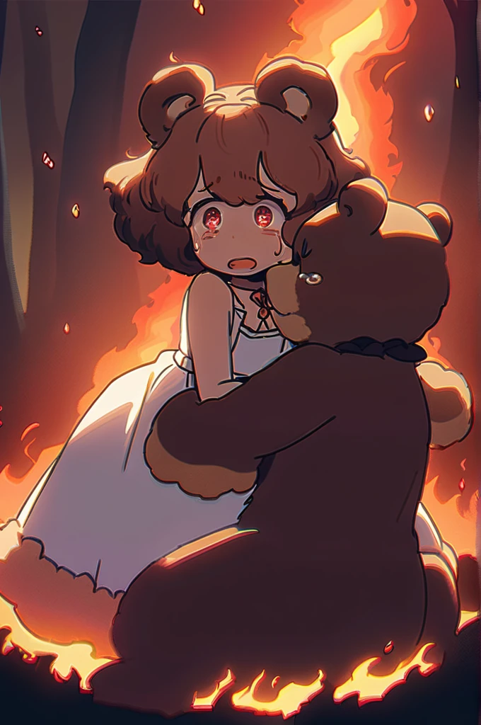 ((Лучшее качество)), ((шедевр)), (подробный), 1 fox girl,1 bear guy, long red hair, voluminous fluffy hair, fox ears, neko, gray eyes , tears, screams , tantrum, medium chest, (medium chest:1.3), in a white dress, sitting on his knees, holding , hugging a guy to himself, tears , hysteria, background burning forest , fire, fire, bear guy, neko guy, bear ears brown hair, bright red eyes, holy eyes, covers a girl from the fire