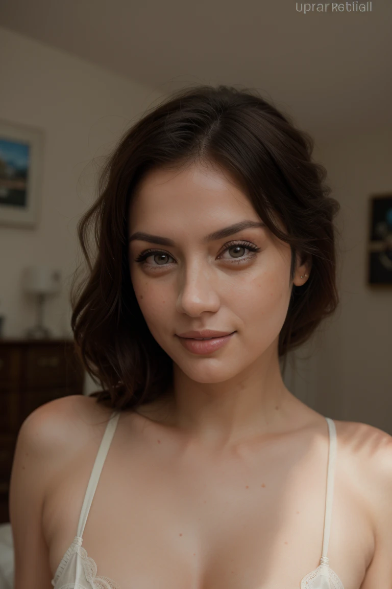 anna1,1girl, solo, (realistic),(hyperrealism),(best quality),(masterpiece),(ultra high res),(photorealistic),(film grain),(underwear , pov , close view , looking at viewer milf),eye makeup,detailed eyes,detailed bedroom , smile ,