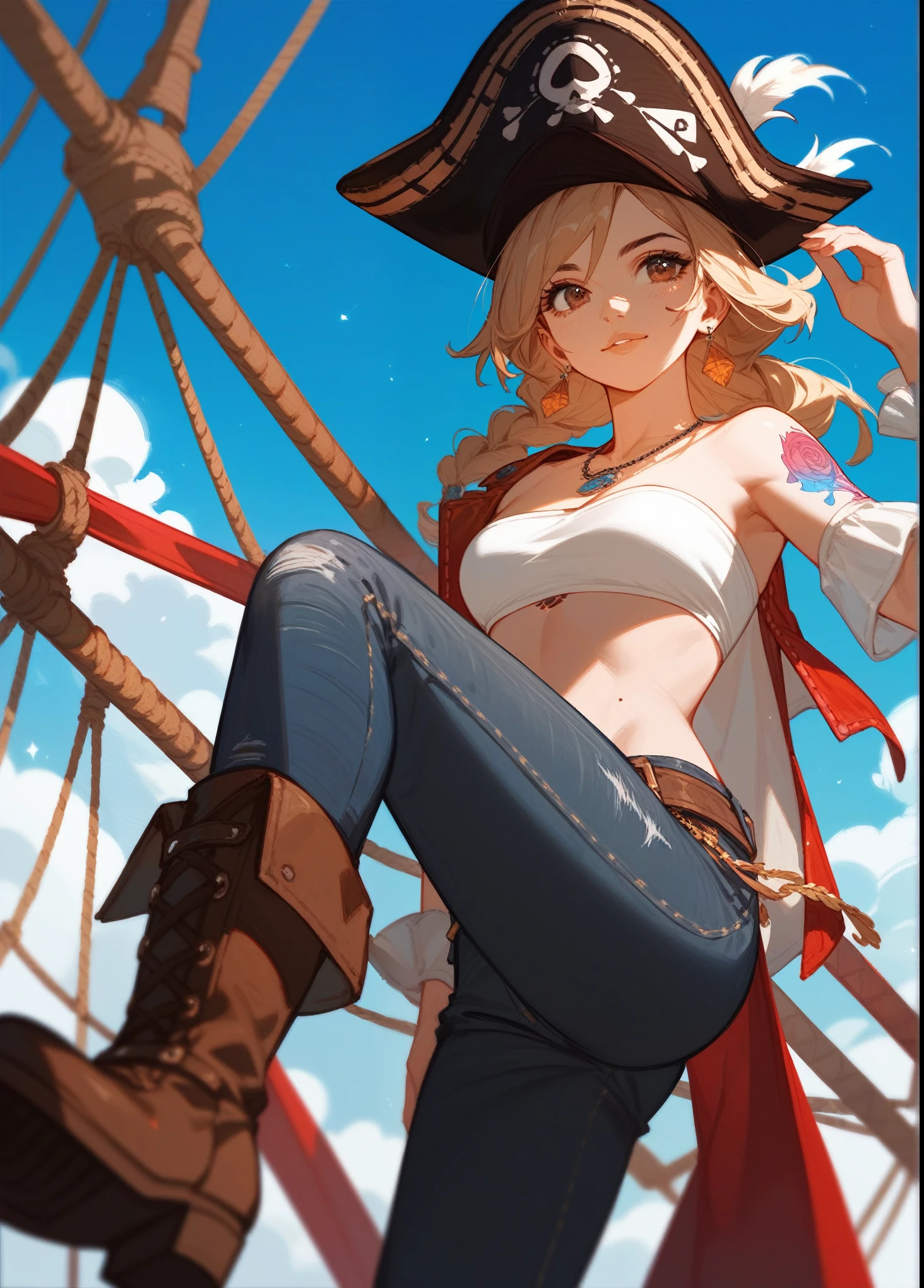 (Fraction_9,Fraction_8_Direction_7_up),1 Woman,,Girl,blond,Brown eyes,hat,Tattoo,White bandeau,Black jeans,brown boots,beautiful_Face,