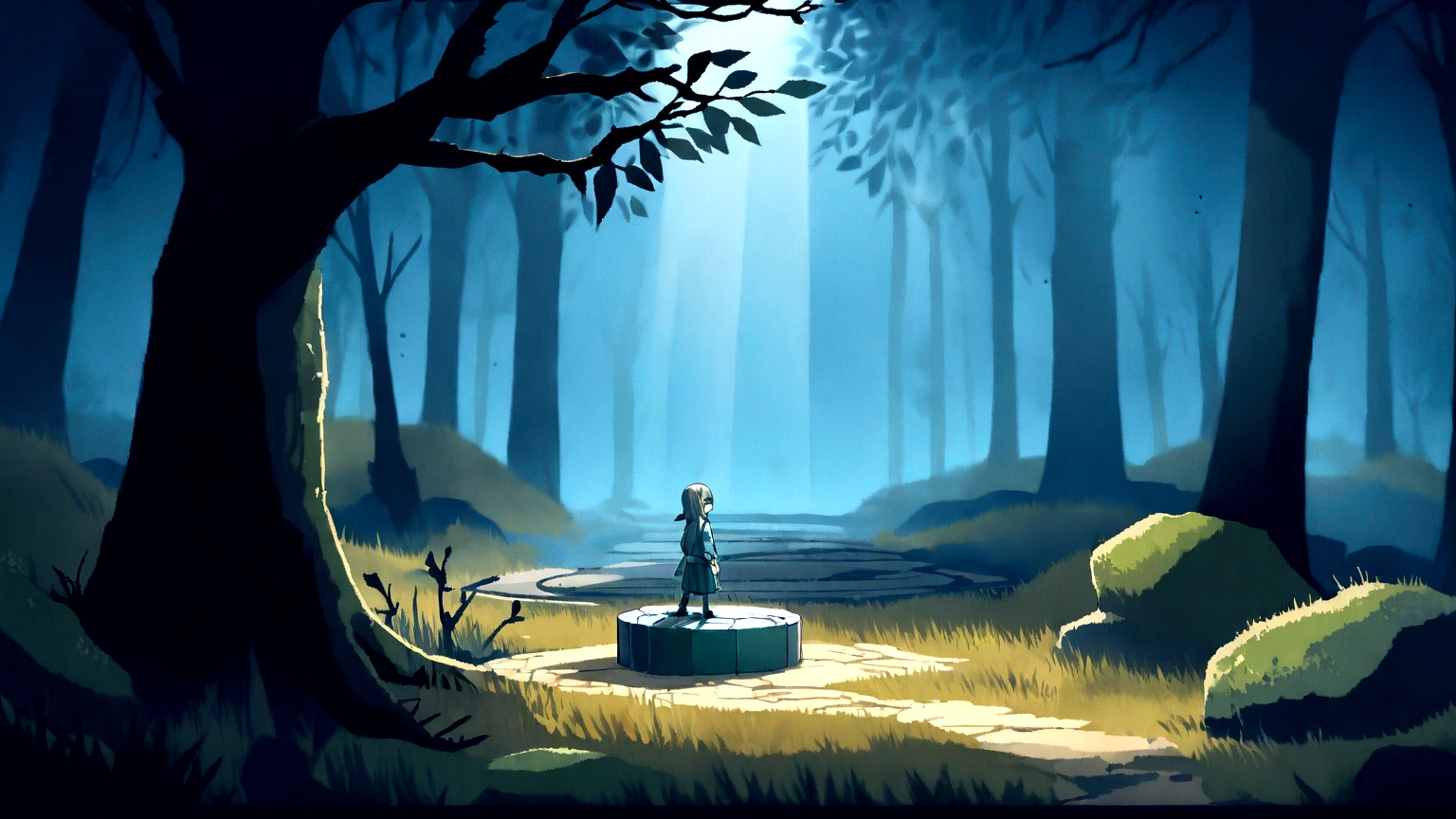 I need 2D images for a platform game aimed at children between 18 and 32 years old. The visual style should be dark and gloomy, similar to the Little Nightmares games . Characters should have a simple and friendly design. I need 32x32 pixel sprites in PNG format with transparent background, including walking animations, jump and collect objects." Shadow Forest for 2D Game in Unity: * twisted trees: dark trunks, gnarled branches that intertwine, casting long shadows. * dense fog: It swirls through the trees, partially hiding the path and creating a mysterious atmosphere. * Ground covered with leaves: Dry leaves crunch underfoot, some rotten and covered in moss. * Moss Covered Rocks: They emerge from the ground, some with engraved runes or strange symbols. * Interactive Elements: ancient wells, roots that form obstacles, paths that branch, hidden caves. * Dim lighting: Rays of light filtering through the leaves, creating contrasts and highlighting important details. * Color palette: dark shades of green, brown and gray, with touches of blue and purple for fog and lighting.Additional items: * Sound effects: Wind that rustles through the leaves, cracking of branches, distant howls. * Ambiental music: Disturbing and mysterious melodies that reinforce the atmosphere. * enemies: Creatures lurking in the shadows, bright eyes that watch from the darkness.