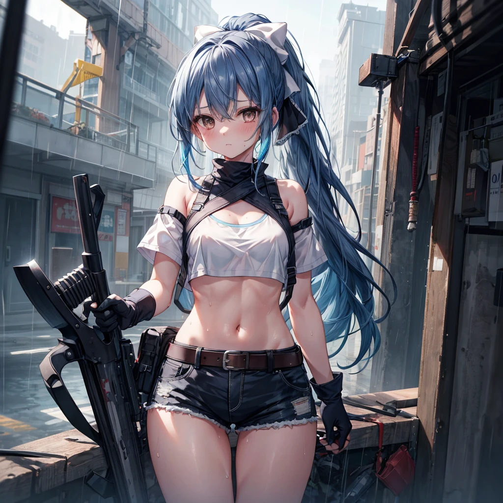 ((Highest quality)), ((masterpiece)), ((detailed)), (4K), a girl with blue hair and a top with short sleeves holding a screw driver, 1girl, 独奏, long hair, black blue hair, navel, gloves, shorts, breasts, sweat, wrench, short shorts, very long hair, underwear, panties, holding, belt, arm up, ponytail, small breasts, blurry background, gray sky, rain, looking at viewer, black gloves, white panties, sports bra, wiping sweat, bow, bare shoulders, bangs, cowboy shot, white eyes, midriff, hair bow, (expressionless), face focus