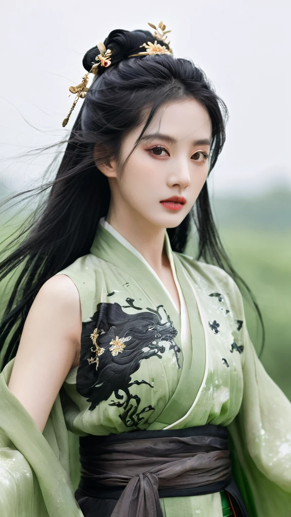 1 girl, actor, Handsome, Ink splatter, Chinese armor, (Upper Body), Black Hair, Flowing hair, Exquisite eyes, Black and green ancient silk Hanfu, Field of view, (f1.8), (masterpiece), (portrait), protrait photo, White background, (poster), arms