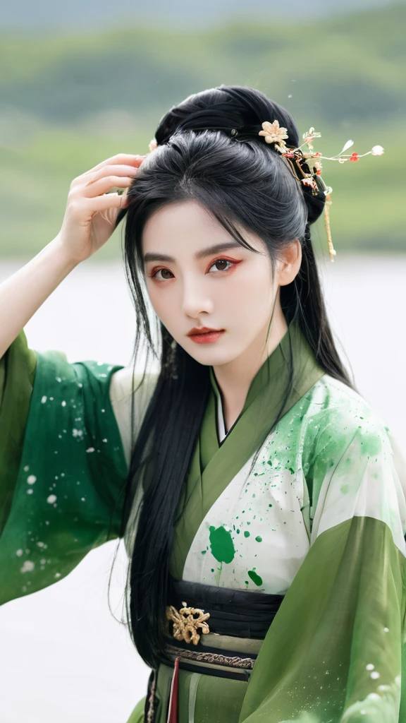 1 girl, actor, Handsome, Ink splatter, Chinese armor, (Upper Body), Black Hair, Flowing hair, Exquisite eyes, Black and green ancient silk Hanfu, Field of view, (f1.8), (masterpiece), (portrait), protrait photo, White background, (poster), arms