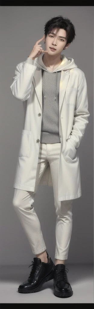(photorealistic:1.2), (high detail face:1.3), (high detail hands:1.3), (anatomically correct hands:1.2), handsome young asian man, Japanese idol style, short clean-cut hair, ((center part)), (crisp white lab coat:1.3), ((black hoodie underneath:1.2)), (black pants:1.2), (black shoes:1.2), calm confident expression, (holding a product in right hand:1.3), (pointing with left index finger:1.3), explaining pose, plain white background, mid-shot portrait, full body view, high quality, detailed, 8K, (realistic skin texture:1.2), (sharp focus:1.1), (contrast between white coat and black clothing:1.2)