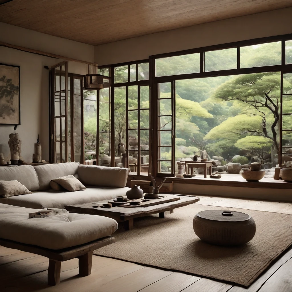 cinematic photo,mrares, ((wabi-sabi style:1.5)), (wabi-sabi_style:1.5), (Zen:1.5),(wabi-sabi elements:1.3), traditional living room, simple style, living room, home, wooden floor, there is a sofa placed in the space, wide angle,long-focus,depth of field, . 35mm photograph, film, bokeh, professional, 4k, highly detailed
