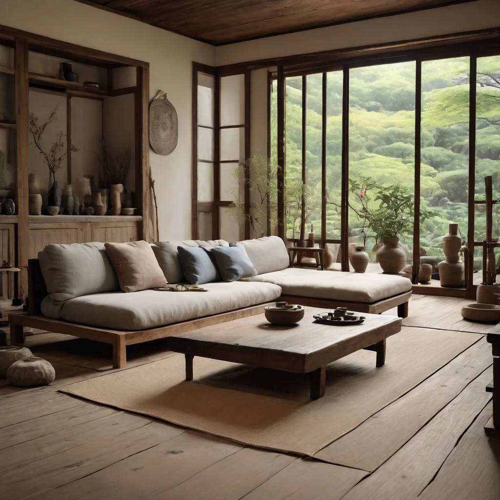 cinematic photo,mrares, ((wabi-sabi style:1.5)), (wabi-sabi_style:1.5), (Zen:1.5),(wabi-sabi elements:1.3), traditional living room, simple style, living room, home, wooden floor, there is a sofa placed in the space, wide angle,long-focus,depth of field, . 35mm photograph, film, bokeh, professional, 4k, highly detailed