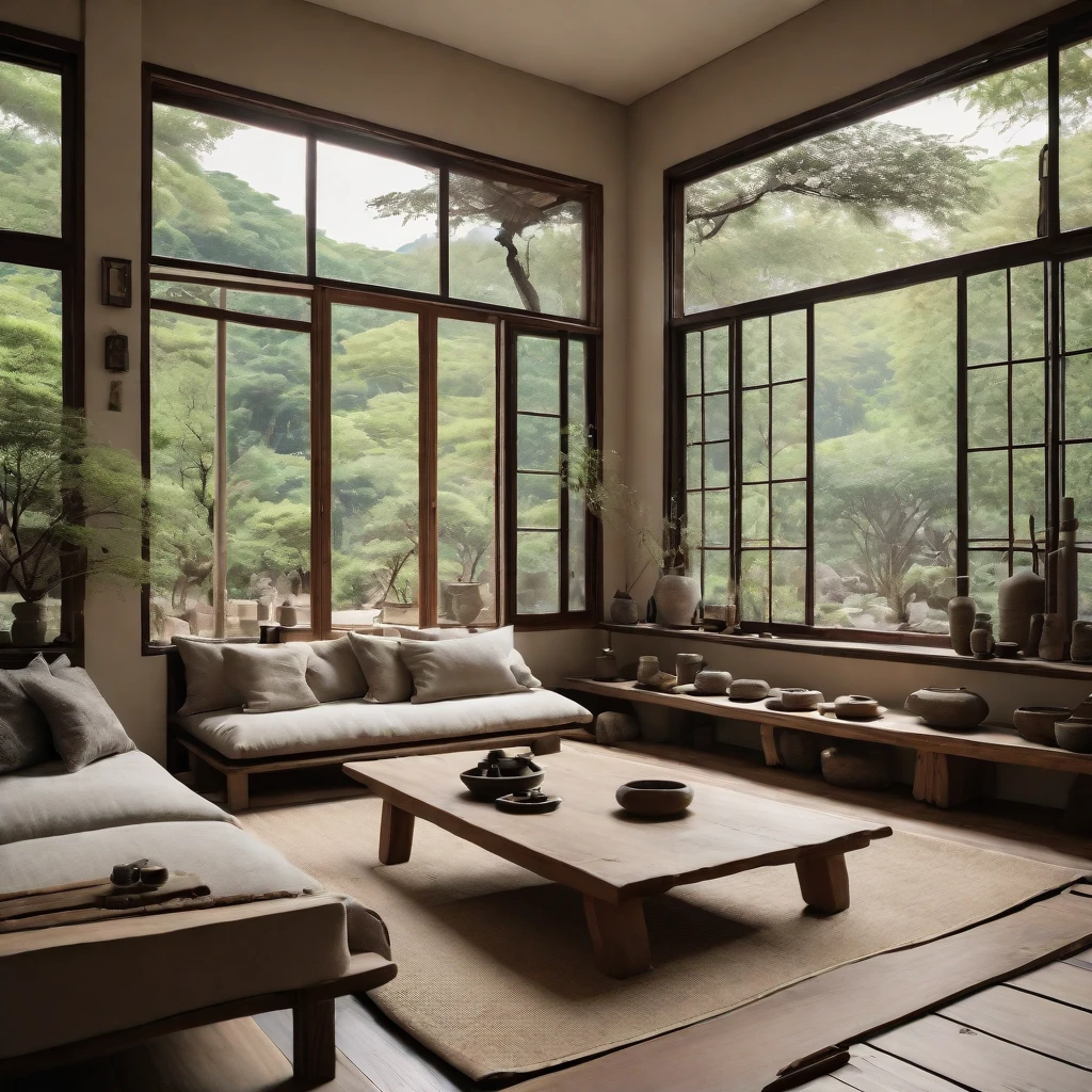 cinematic photo,mrares, ((wabi-sabi style:1.5)), (wabi-sabi_style:1.5), (Zen:1.5),(wabi-sabi elements:1.3), traditional living room, simple style, living room, home, wooden floor, there is a sofa placed in the space, wide angle,long-focus,depth of field, . 35mm photograph, film, bokeh, professional, 4k, highly detailed