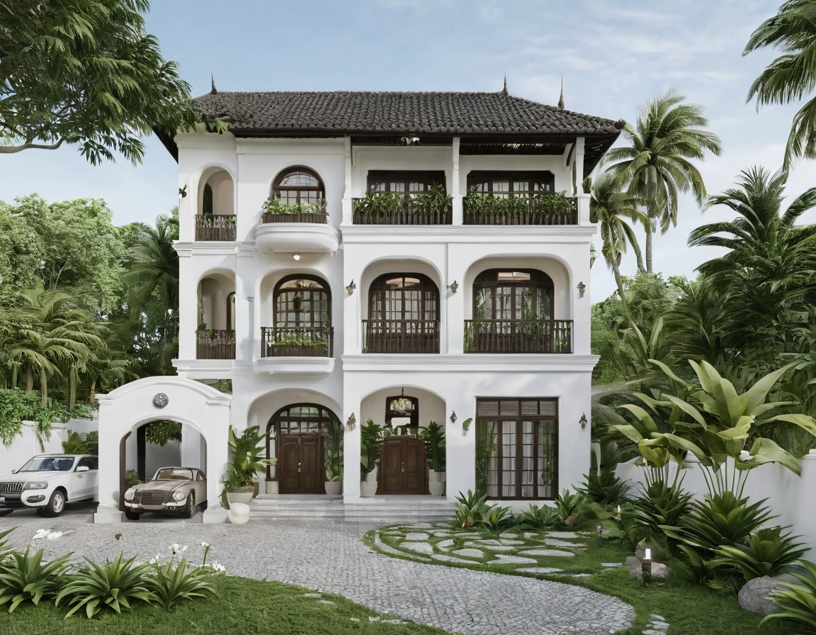 Render a 3-story Indochine-style villa in a serene setting. The villa's exterior is painted in a simple, elegant white, with traditional Indochine architectural elements such as arched windows, wooden shutters, and decorative railings. The roof features a two-sided sloping design similar to the houses in Hoi An, with the slopes running front to back, contrasting beautifully with the white walls. Lush greenery surrounds the villa, with a well-manicured garden featuring tropical plants and a cobblestone pathway leading to the entrance. The front porch has classic wooden furniture and lanterns, evoking a sense of timeless elegance. The lighting highlights the villa's sophisticated design and harmonious blend of traditional and modern elements.

8k resolution, UHD, high-quality detail, Indochine style, white exterior, arched windows, wooden shutters, decorative railings, two-sided sloping roof, Hoi An style, lush greenery, manicured garden, cobblestone pathway, classic wooden furniture, lanterns, harmonious blend of traditional and modern elements, sophisticated design, serene setting.
