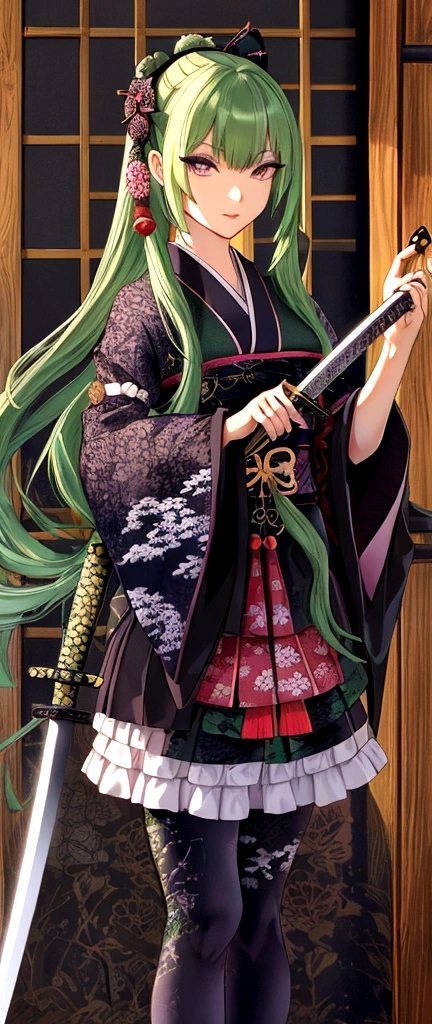 ((Yamata no Orochi personified))) (Beautiful trainee), Snake print tights, (((Japanese style gothic lolita))) (Dark green hair), ( (Holding a Japanese sword/Novel AI))