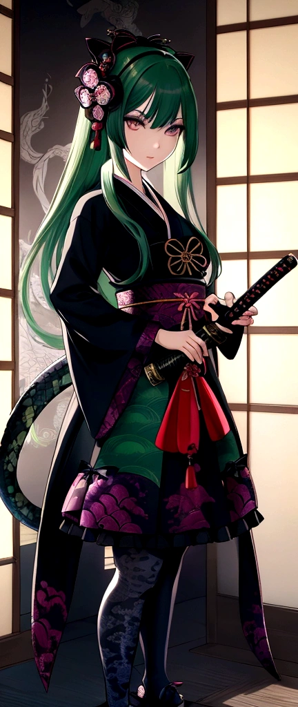 ((Yamata no Orochi personified))) (Beautiful trainee), Snake print tights, (((Japanese style gothic ta))) (Dark green hair), ( (Holding a Japanese sword/Novel AI))