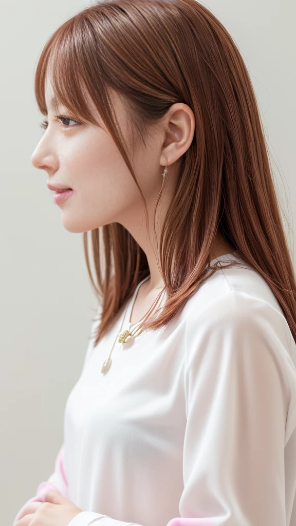 ((Long sleeve blouse))、(背景にWhite wall、Pink brown hair color:1.4)、White wall、In front of a white door、(窓のあるWhite wallの部屋)、(8K、Live Shooting、Highest quality、masterpiece:1.2)、High-quality RAW color photos、Professional photos、(Genuine、フォトGenuine:1.37)、Photographed in natural light、1 Girl、A sloppy smile、(Various poses)、necklace、(Beautiful profile:1.3)、Don't look at the camera、profile、Shortcuts、short hair、The eye color is dark brown、(Beautiful profile:1.3)、Correct hand of human body、Pastel colored clothes、Woman with single eyelid、The correct state of the human body、Natural lip、Shot in well-lit areas、The gesture of brushing back hair