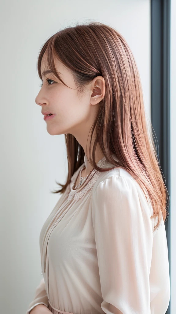 ((Long sleeve blouse))、(背景にWhite wall、Pink brown hair color:1.4)、White wall、In front of a white door、(窓のあるWhite wallの部屋)、(8K、Live Shooting、Highest quality、masterpiece:1.2)、High-quality RAW color photos、Professional photos、(Genuine、フォトGenuine:1.37)、Photographed in natural light、1 Girl、A sloppy smile、(Various poses)、necklace、(Beautiful profile:1.3)、Don't look at the camera、profile、Shortcuts、short hair、The eye color is dark brown、(Beautiful profile:1.3)、Correct hand of human body、Pastel colored clothes、Woman with single eyelid、The correct state of the human body、Natural lip、Shot in well-lit areas、The gesture of brushing back hair