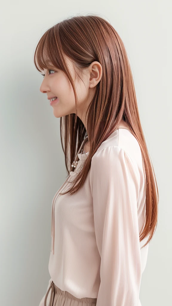 ((Long sleeve blouse))、(背景にWhite wall、Pink brown hair color:1.4)、White wall、In front of a white door、(窓のあるWhite wallの部屋)、(8K、Live Shooting、Highest quality、masterpiece:1.2)、High-quality RAW color photos、Professional photos、(Genuine、フォトGenuine:1.37)、Photographed in natural light、1 Girl、A sloppy smile、(Various poses)、necklace、(Beautiful profile:1.3)、Don't look at the camera、profile、Shortcuts、short hair、The eye color is dark brown、(Beautiful profile:1.3)、Correct hand of human body、Pastel colored clothes、Woman with single eyelid、The correct state of the human body、Natural lip、Shot in well-lit areas、The gesture of brushing back hair