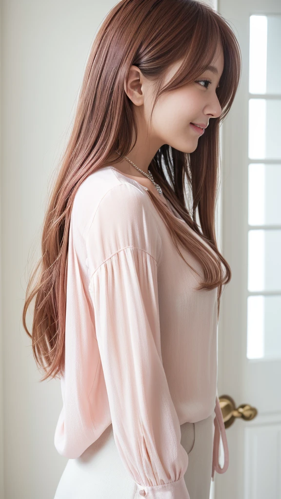 ((Long sleeve blouse))、(背景にWhite wall、Pink brown hair color:1.4)、White wall、In front of a white door、(窓のあるWhite wallの部屋)、(8K、Live Shooting、Highest quality、masterpiece:1.2)、High-quality RAW color photos、Professional photos、(Genuine、フォトGenuine:1.37)、Photographed in natural light、1 Girl、A sloppy smile、(Various poses)、necklace、(Beautiful profile:1.3)、Don't look at the camera、profile、Shortcuts、short hair、The eye color is dark brown、(Beautiful profile:1.3)、Correct hand of human body、Pastel colored clothes、Woman with single eyelid、The correct state of the human body、Natural lip、Shot in well-lit areas、The gesture of brushing back hair