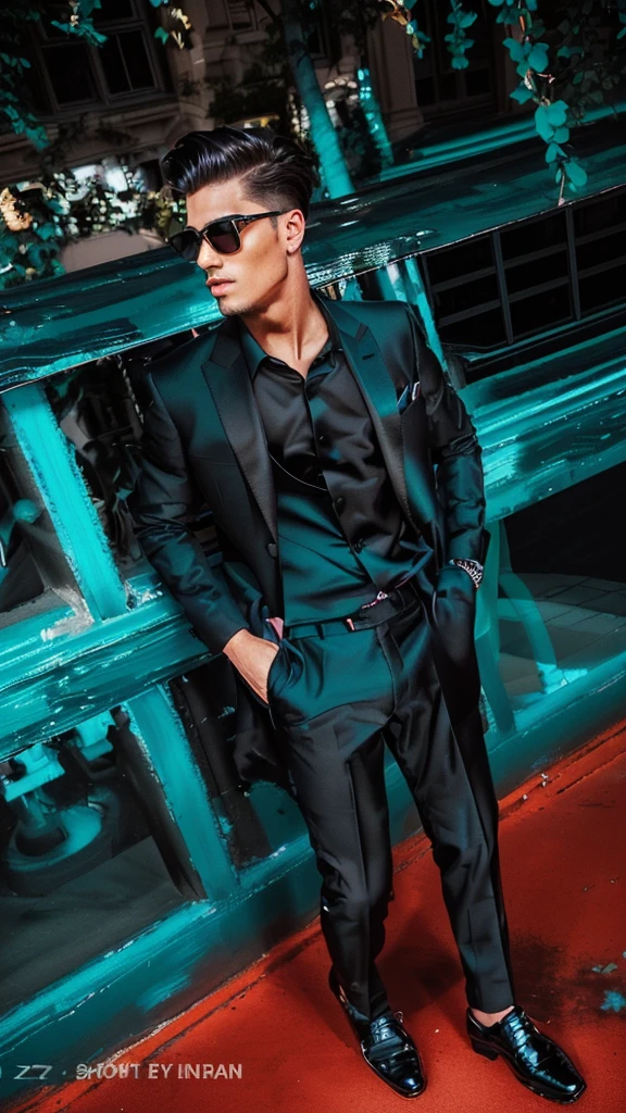 there is a man standing in front of a building wearing a black suit, wearing black suit, wearing fashion suit, black suit and bowtie, teal suit, stylish suit, wearing a stylish men's suit, wearing a colorful men's suit, wearing suit, formal attire, wearing black, with teal clothes, full body photogenic shot, formal suit, elegant suit, black clothes