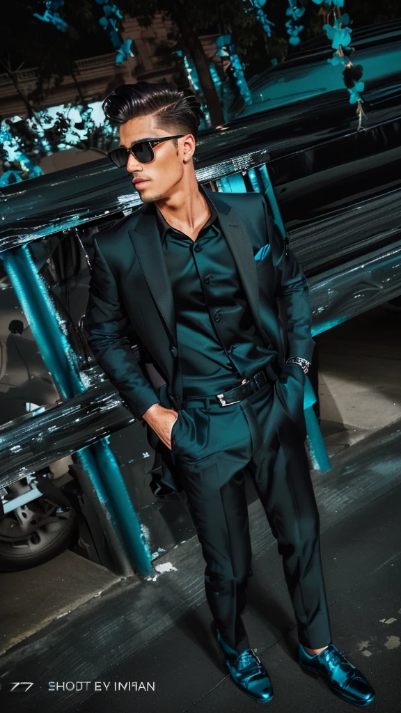 there is a man standing in front of a building wearing a black suit, wearing black suit, wearing fashion suit, black suit and bowtie, teal suit, stylish suit, wearing a stylish men's suit, wearing a colorful men's suit, wearing suit, formal attire, wearing black, with teal clothes, full body photogenic shot, formal suit, elegant suit, black clothes