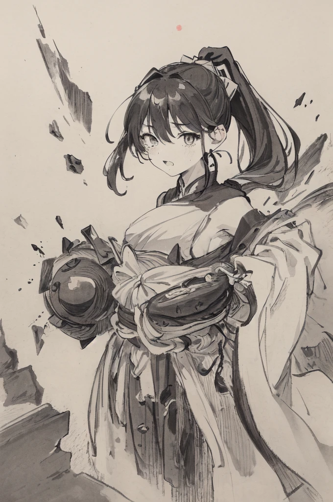 (Highest quality、High resolution、8K、masterpiece: 1.2)。(High angle shot)、A picture of a monster drawn in black paint on a concrete wall。A beautiful girl is seen smashing a part of the concrete wall, along with the picture of the monster, into pieces.。(1 Beautiful Girl:Female ninja、A punch powerful enough to shatter walls.、Energetic expression、Battle Mode、Casual clothes、ponytail、teeth、cheek、Uplifting)、(Hair above one eye:1.3)、Monochrome、Line art thicker、