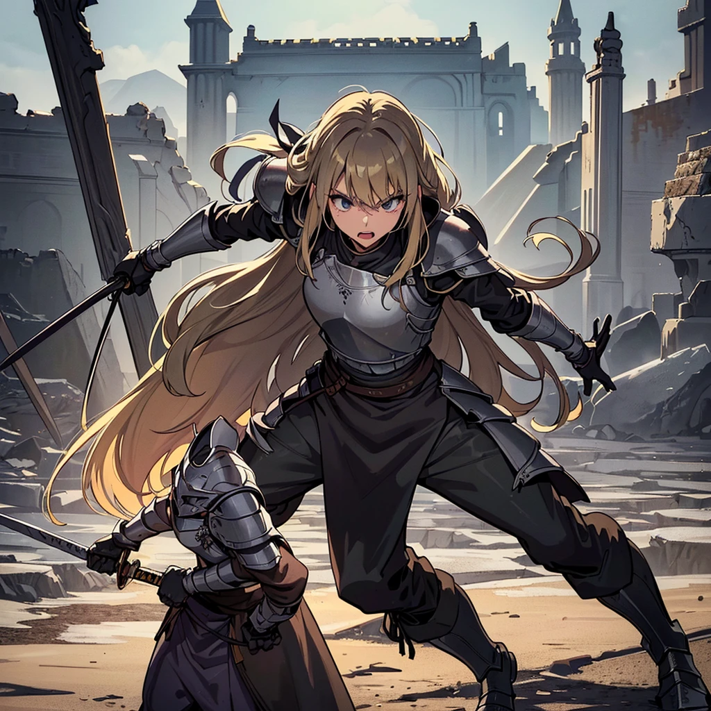 Best illustrations、Best Quality、(Full body character concept、detailed)、(((Simple grey armor、Black trousers、Black gloves、woman、18-year-old、Blonde、Long Hair)))、(((Grab the sword、Get Ready)))、(Old ruins、desert。Grass)、Fall to the floor、(Black, muddy swamp)、(中世の騎士が10 people)、(anxiety、impatience、Open your mouth、shout)、(lots of medieval knights、10 people)、battlefield、(behindから、behind)