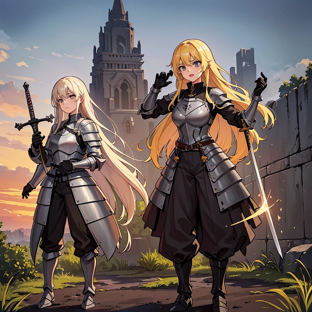 Best illustrations、Best Quality、(Full body character concept、detailed)、(((Simple grey armor、Black trousers、Black gloves、woman、18-year-old、Blonde、Long Hair)))、(((Grab the sword、Get Ready)))、(Old ruins、desert。Grass)、Fall to the floor、(Black, muddy swamp)、(中世の騎士が10 people)、(anxiety、impatience、Open your mouth、shout)、(lots of medieval knights、10 people)、battlefield、(behindから、behind)