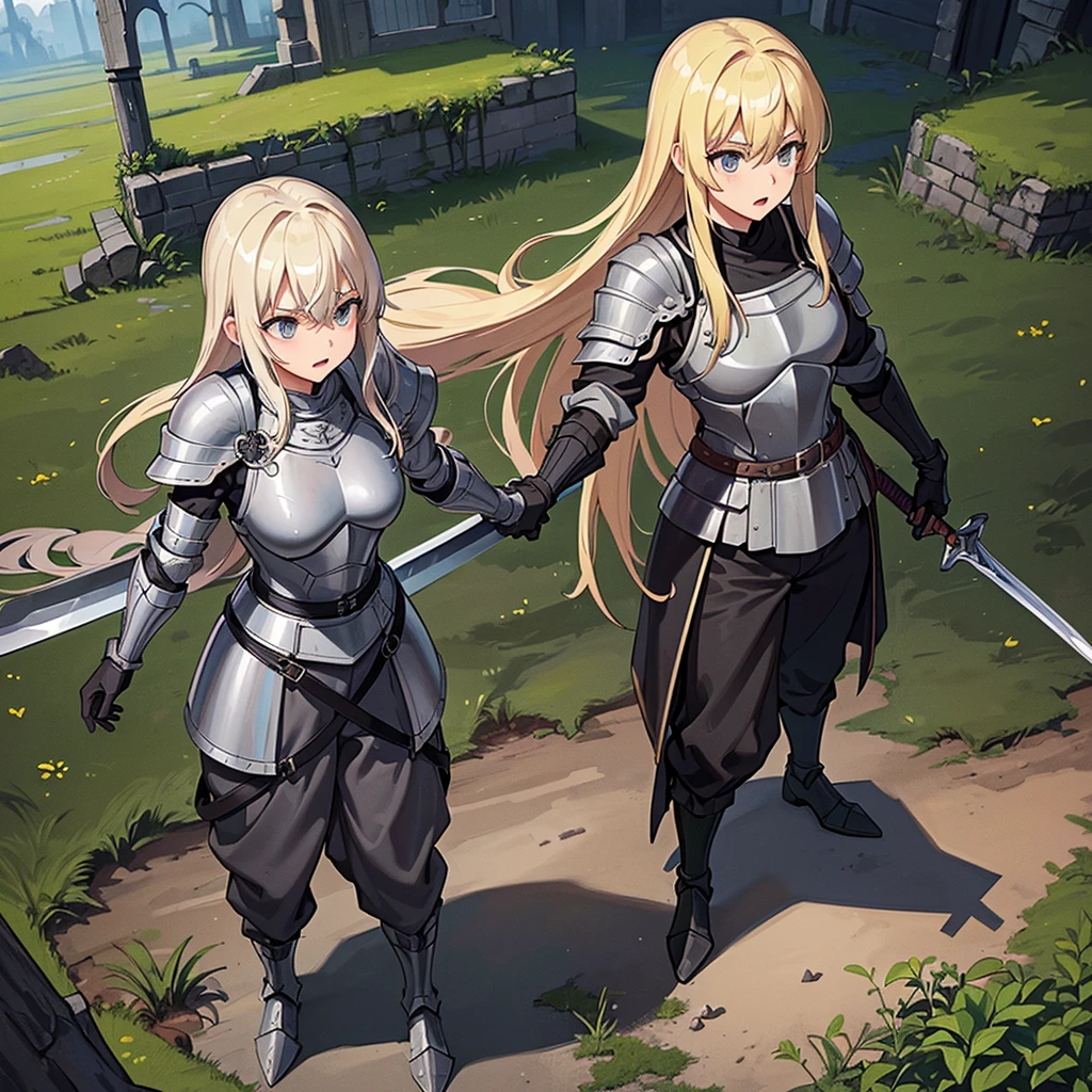 Best illustrations、Best Quality、(Full body character concept、detailed)、(((Simple grey armor、Black trousers、Black gloves、woman、18-year-old、Blonde、Long Hair)))、(((Grab the sword、Get Ready)))、(Old ruins、desert。Grass)、Fall to the floor、(Black, muddy swamp)、(中世の騎士が10 people)、(anxiety、impatience、Open your mouth、shout)、(lots of medieval knights、10 people)、battlefield、(behindから、behind)