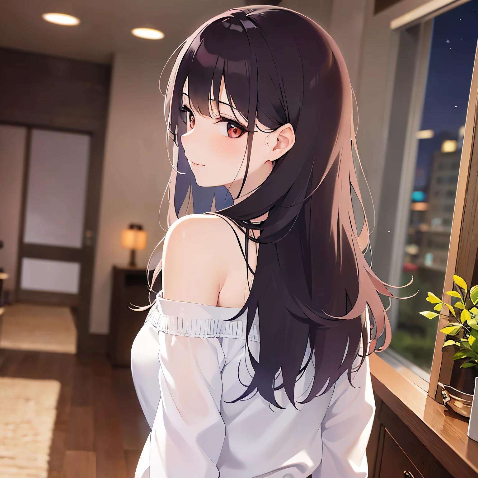 look back, Realistic, real person, (pale skin: 1.2), RAW photo, photorealistic, shiny skin, shiny hair、(A 25-year-old woman with medium-length hair and bangs) and (wavy hair) and (brown hair) and (Orange Eyes) , (pink) and (off shoulder blouse) 、(blush:1.3), smile、Alone、The background is the living room、(night:1.5)、Are standing