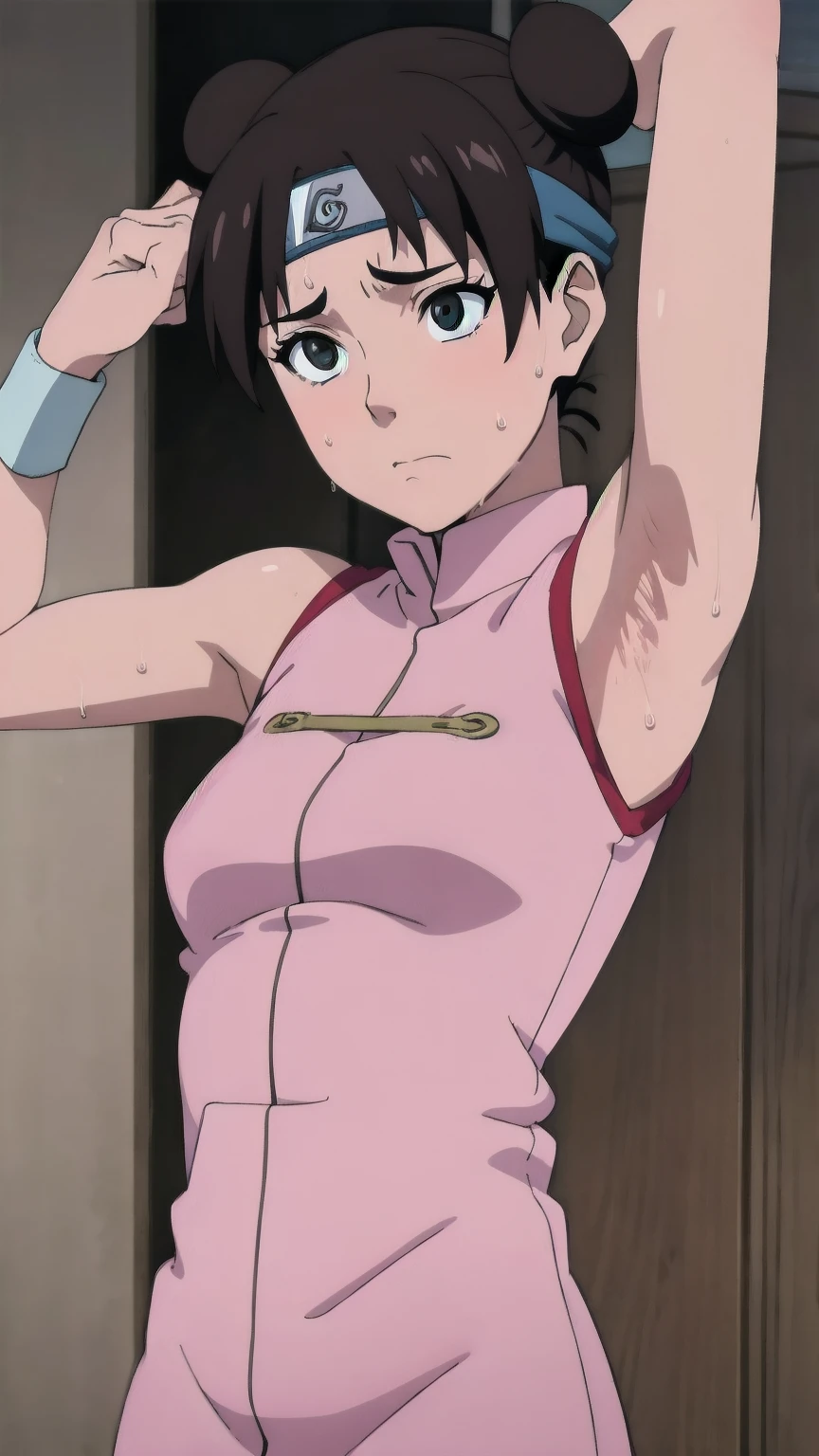 Tenten,solo,armpits,wet armpits, showing wet armpits, armpit,armpits,sweat,sweaty,sweaty armpits,awesome armpits,tired,exhausted,arms up,arm warmers,sleeveless, moderately sized breasts, nude, naked 