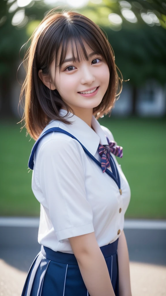 (8K、live-action、Raw photo、Highest quality、masterpiece:1.2),(Outdoors,Front lighting:1.2),((Perfect lighting)),(Wet hair),Watching the audience,Sexy pose, cute smile,18-year-old,student,White skin,knees,Small Face,Part the front hair from the center、The forehead is visible,skinny,skinny)、masterpiece,Highest quality、超A high resolution,one person, 独奏,Close-up shot、cute、Back to Students,(Japanese school uniform:1.3),High school girl,Japanese women,(Photoreal:1.37)、Photon Mapping,Realistic、cuteSmall Face,Brown eyes、prospect、Depth of written boundary、Blurred Background、Real,(I can see the front hair), hair, I can see the knees, thigh,(Nogizaka Idol), actress、Big and ample breasts、Cleavage、Super fine、Low people、(Skin with visible pores:1.2)、(Focus on the face)、Natural neck、Check and correct the skeleton