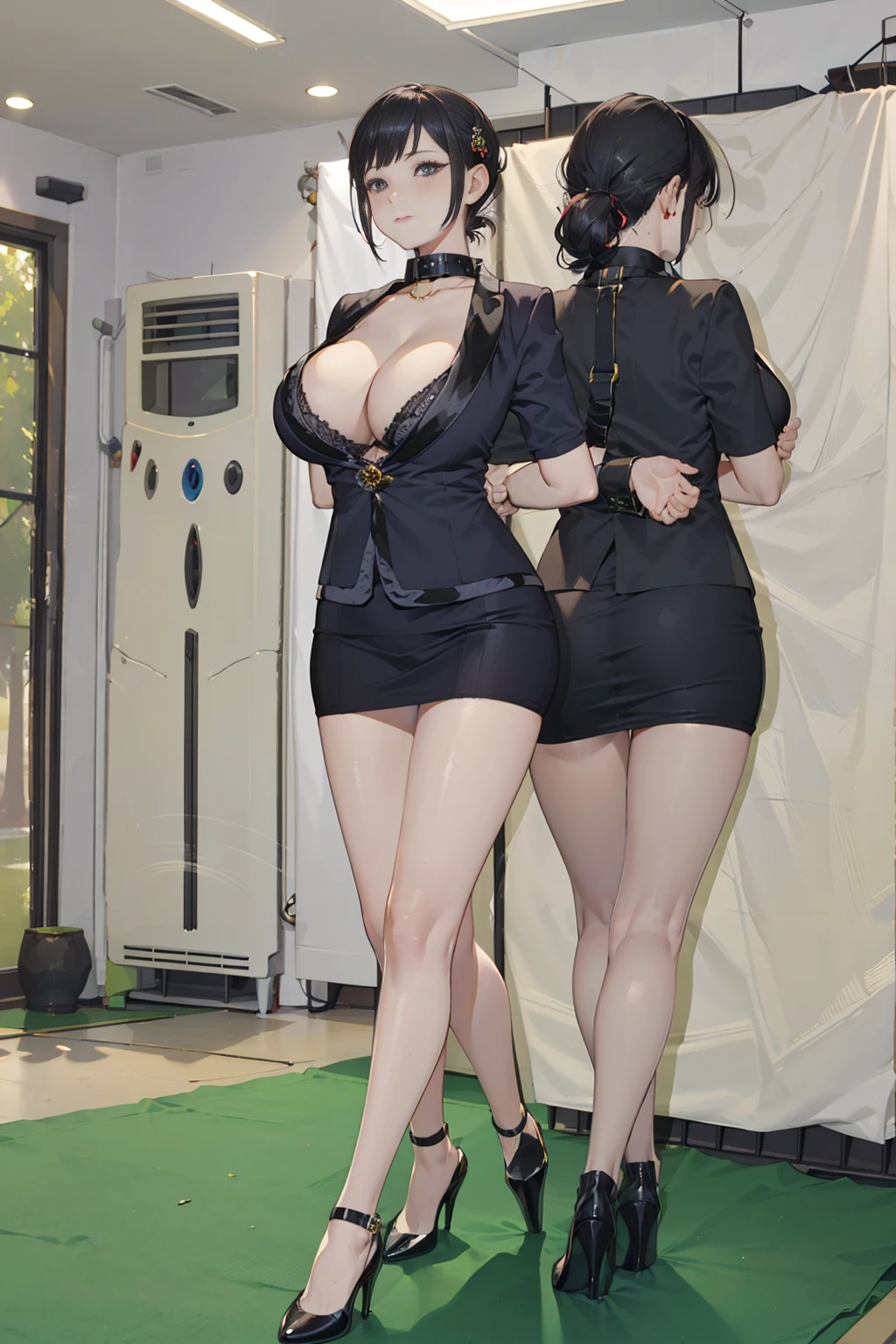 en, (bound with an excessive amount of ropes), (bound wirsts), (arms behind back), (tapegag, tape gag), dramatic,  (looking at viewer), (detailed pupils:1.3),pencil skirt,big breast ,perfect famale body,The character has red hair styled in soft waves and is wearing a black beret. She is dressed in a fashionable outfit that includes a brown blazer over a black top, paired with a black pencil skirt that has a small slit. She accessorizes with a large, ornate scarf featuring a black and white swirl pattern, draped elegantly over her shoulder. The character also wears black high-heeled shoes with ankle straps. Her pose is confident, with one hand on her hip and the other raised slightly, giving her a poised and self-assured demeanor. 