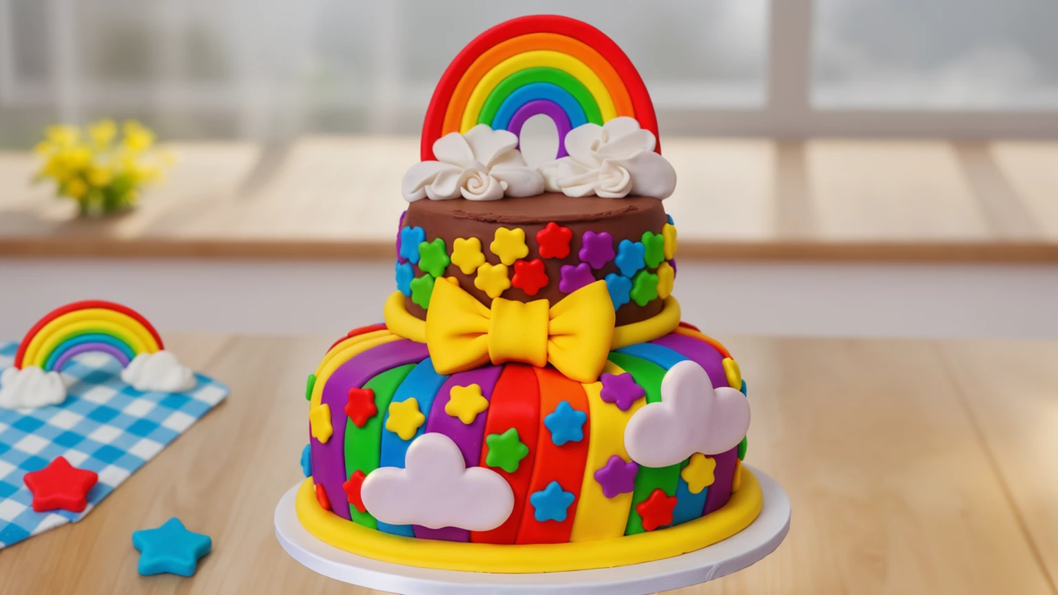 on a wooden table, two-tier cake on a white plate. chocolate cake. polymer clay cake decor, rainbow stripes, rainbow stars, white glazes made of polymer clay, Yellow bow, polymer clay rainbow, brown cream near a rainbow in the shape of clouds. на деревянном столе голубая сккатерть в клеточку на которой лежат rainbow stars и polymer clay rainbow. against the background of the kitchen, against the background of the window, Beautiful light from the window, Beautiful sunlight, bright lighting, there is a vase with a plant on a wooden table. Realistic style, realistic texture, detailed texture, high quality, A high resolution, macro photography, ultra hd 4k,