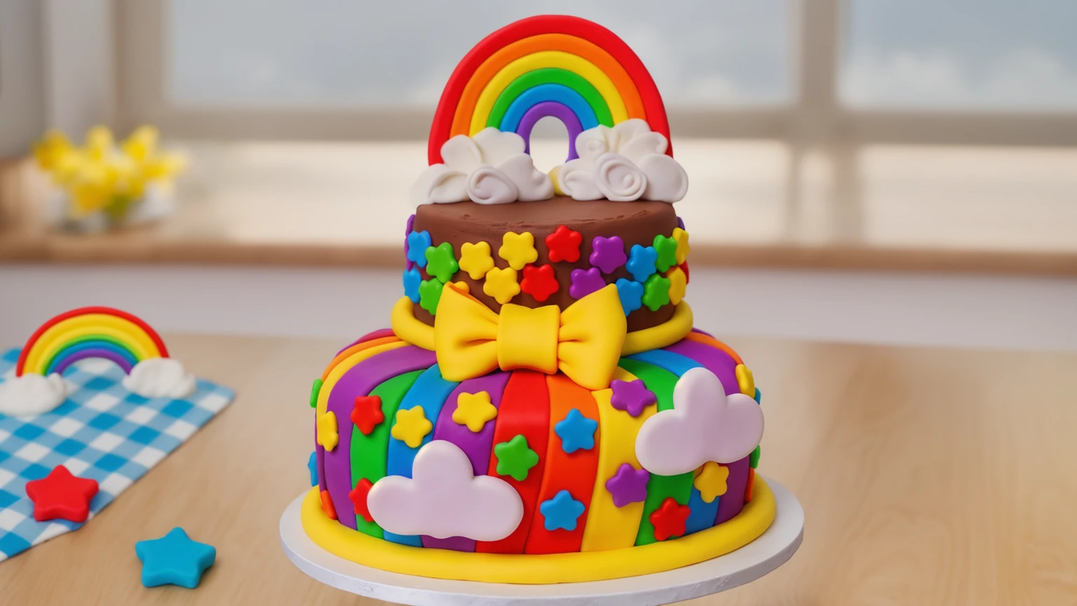 on a wooden table, two-tier cake on a white plate. chocolate cake. polymer clay cake decor, rainbow stripes, rainbow stars, white glazes made of polymer clay, Yellow bow, polymer clay rainbow, brown cream near a rainbow in the shape of clouds. на деревянном столе голубая сккатерть в клеточку на которой лежат rainbow stars и polymer clay rainbow. against the background of the kitchen, against the background of the window, Beautiful light from the window, Beautiful sunlight, bright lighting, there is a vase with a plant on a wooden table. Realistic style, realistic texture, detailed texture, high quality, A high resolution, macro photography, ultra hd 4k,