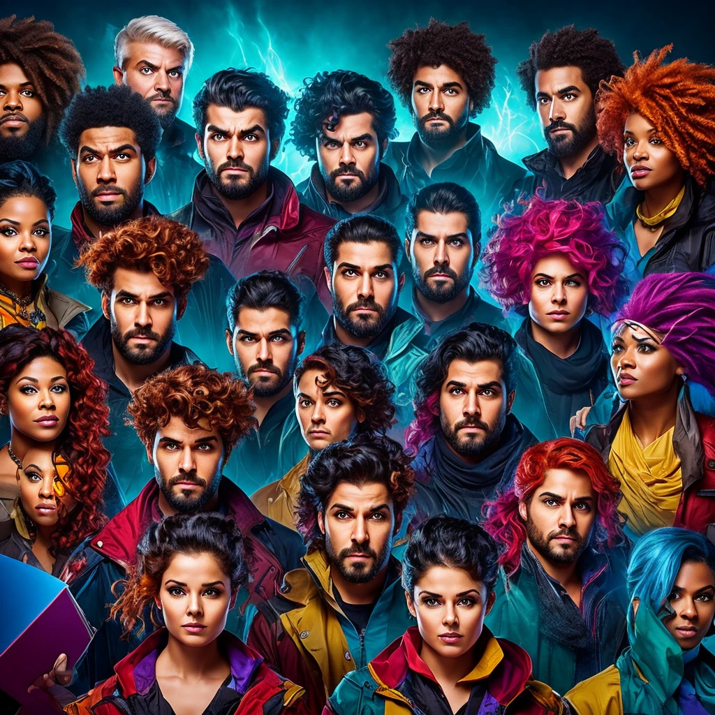 A group of people with exaggerated expressions reflecting different negative stereotypes: a stern boss with an angry face holding a clipboard, an overly concerned person with a worried look carrying a stack of self-help books, a dreamy individual with a vacant expression and floating thought bubbles, a cold and logical person with a detached stare surrounded by equations, and an impulsive adventurer with wild hair and a mischievous grin. Bold, vibrant colors and dramatic lighting highlight their expressions, making each character stand out in a striking, eye-catching composition.