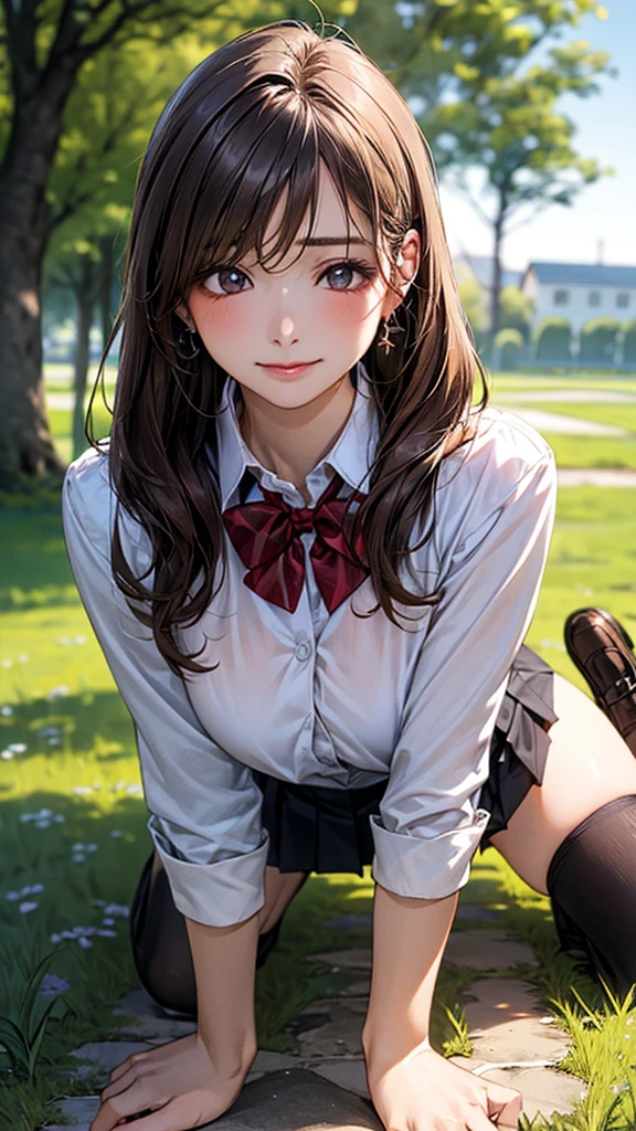 (masterpiece:1.2, top-quality), (realistic, photorealistic:1.4), beautiful illustration, (natural side lighting, movie lighting), 
looking at viewer, cowboy shot, front view:0.6, 1 girl, japanese, high school girl, perfect face, cute and symmetrical face, shiny skin, 
(long hair:1.8, straight hair:1.7, light brown hair), parted bangs, emerald green eyes, long eye lasher, (large breasts:0.9, thick thighs), 
beautiful hair, beautiful face, beautiful detailed eyes, beautiful clavicle, beautiful body, beautiful chest, beautiful thigh, beautiful legs, beautiful fingers, 
((, white collared shirts, black pleated mini skirt, black socks, brown loafers, red bow tie)), break, hoop ring earrings, pink panties, dark blue violet cardigan, break,
(beautiful scenery), evening, riverside, walking, hands on chest, (lovely smile, upper eyes), 
shirt, mini tight skirt. On all fours in a grassy field, a dog hugs the woman's back.
Woman's face, bright red, flushed,One large dog on all fours, a girl, on all fours in a grassy meadow, the dog is holding the woman from behind, close to her waist, and mating with her.
In the prairie grass, a girl, on all fours, from a large dog, from behind, holding her waist with her front paws, the lower half of the dog and the lower half of the woman's body in close contact.


Her face, bright red, flushed high, both eyes closed, mouth open, whimpering.
She is wearing a very short skirt.