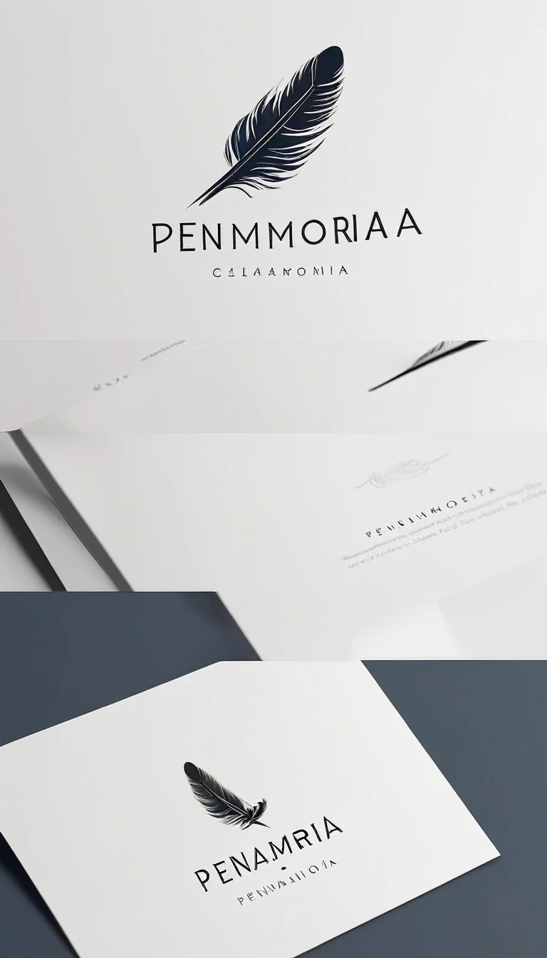 A minimal, modern, simple, cinematic logo design for the brand “Penamemoria". Create a modern, minimalistic, high-quality, logo of a feather-bird