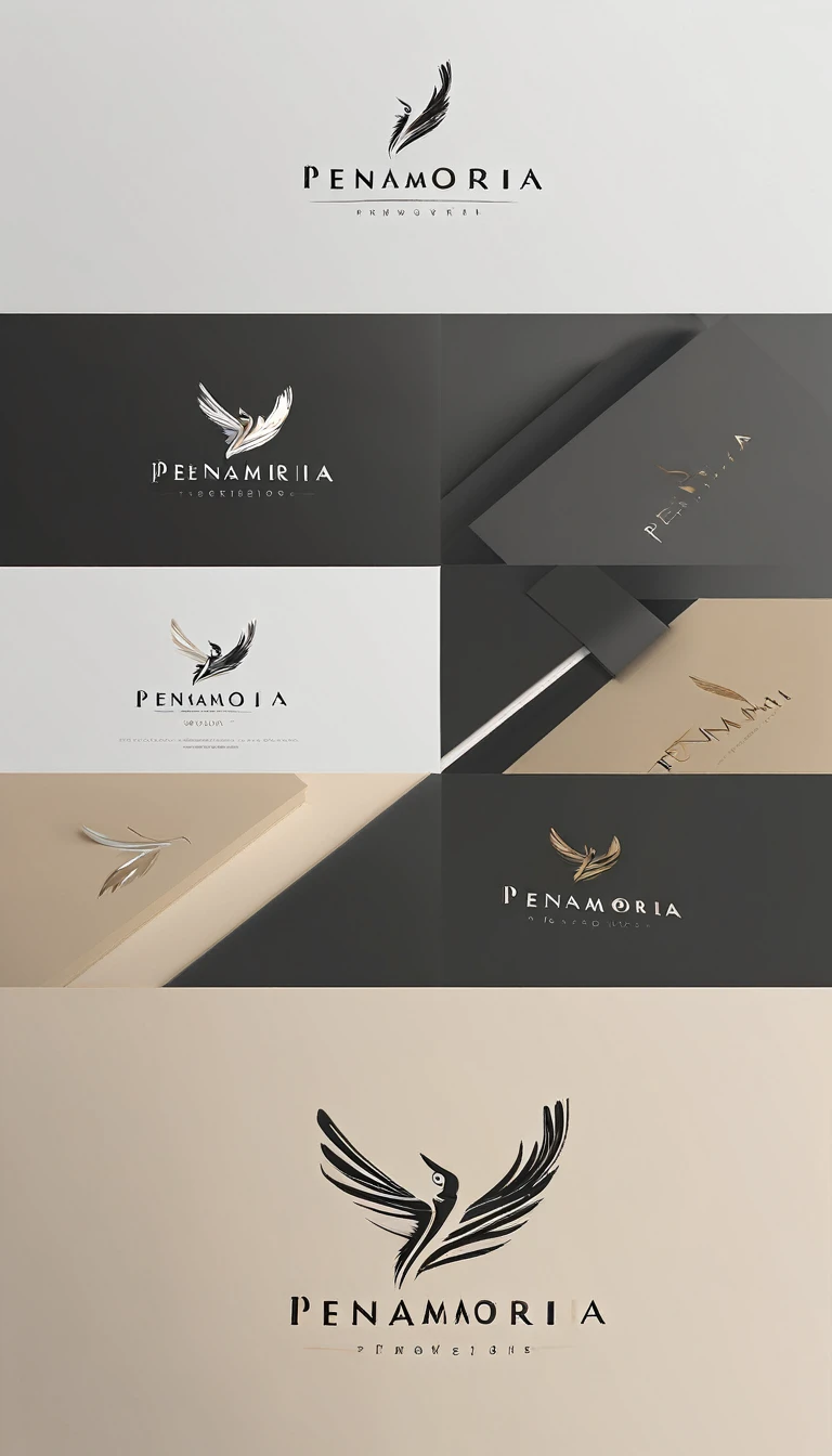A minimal, modern, simple, cinematic logo design for the brand “Penamemoria". Create a modern, minimalistic, high-quality, logo of a feather-bird