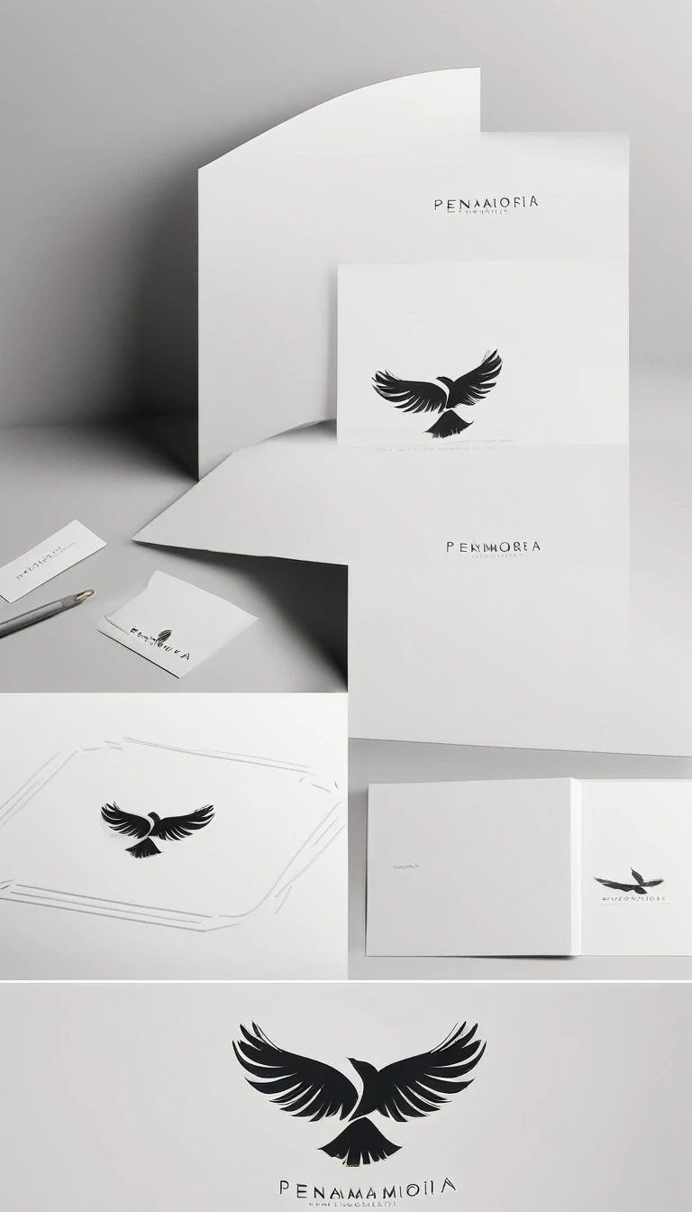 A minimal, modern, simple, cinematic logo design for the brand “Penamemoria". Create a modern, minimalistic, high-quality, logo of a feather-bird