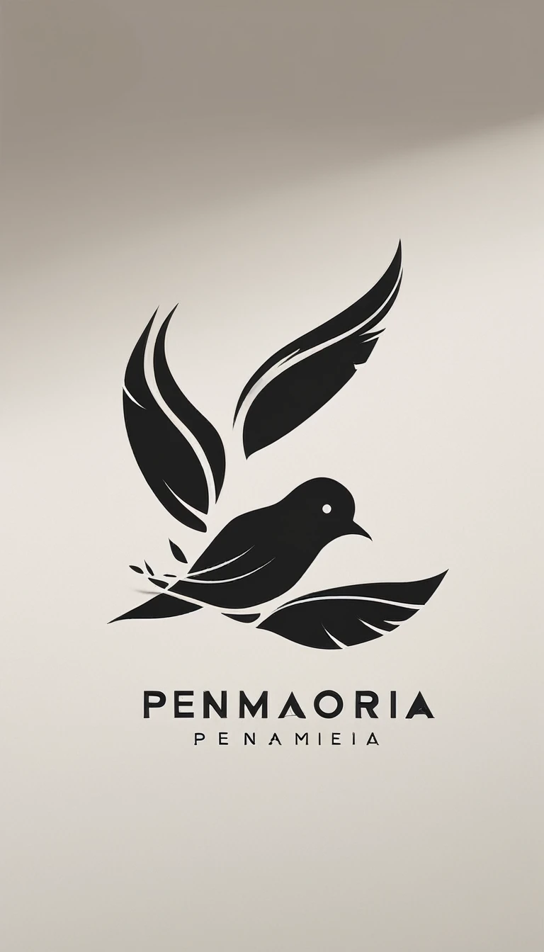 A minimal, modern, simple, cinematic logo design for the brand “Penamemoria". Create a modern, minimalistic, high-quality, logo of a feather-bird