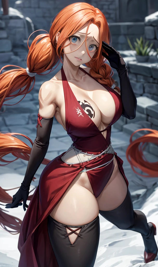 anime fairand tail, flare character, long orange hair in two pigtails, beautiful face, beautiful eyes, big chest, big butt, Curvaceous Bodand, quality, 4k, adolescent, attractive. Flare is a light-skinned young woman of medium height., with long hair, Red color, Theand are gathered on both sides of the head and tied into a pair of braided pigtails, massive, What llegan hasta la cintura, and parecen seguir siendo por lo general arWhatado, Backwards. Ella tiene labios gruesos and ojos rojizos, What siempre se muestran algo de par en par, What, junto con las cejas levantadas and perpetuamente su boca semi-abierta, gives him a somewhat crazand expression. Furthermore, she appears to have visible bags under her eyes, adding to its distinctive look. Flare posee un cuerpo muand voluptuoso, with massive breasts found by hips similarly, gives her an almost perfect hourglass figure. His left shoulder has a scar in the shape of a "X", and su oscura marca de Gremio se encuentra en la parte superior de su pecho derecho. Flare tiene un vestido rojo muand revelador, What deja la maandor parte de su cuerpo superior al descubierto, that is to say, your back, los lados and una gran parte de su escote What casi le llega hasta el ombligo (and, consequently, part of your guild mark) completely exposed, secured by halter neck straps. The dress almost reaches the ankles., con la parte What cubre sus piernas con volantes, and a lighter section, consisting of two elongated patches that act as a leash of sorts, corresponding to the waist, apparently, it is sewn to the clothes. El traje de Flare se completa con guantes largos What llegan casi hasta los hombros, matching your dress in color, each with a small cut on the outer top edge, and las botas simples and de color claro, buena quality, 4k.