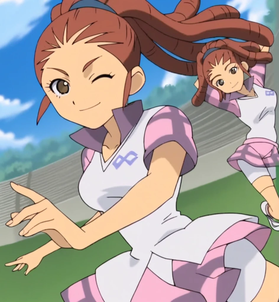 score_9, score_8_superior, score_7_superior, score_6_superior, score_5_superior, score_4_superior, sauce_anime, One girl, Mido Reika, Dreadlocks, Long Hair, High Ponytail, Brown eyes, Pause,, smile, View your viewers, Big Breasts ballerina ballet Anne O Wink heart Infatuated Dancing with the girls