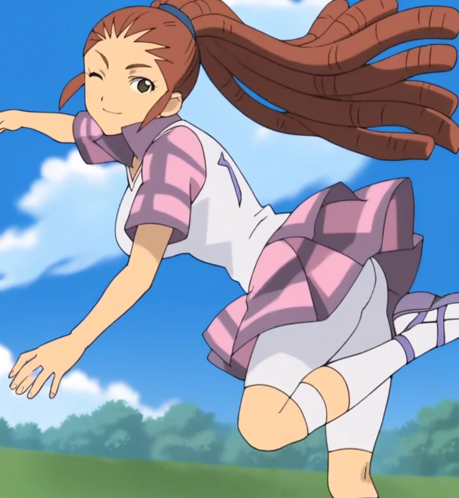 score_9, score_8_superior, score_7_superior, score_6_superior, score_5_superior, score_4_superior, sauce_anime, One girl, Mido Reika, Dreadlocks, Long Hair, High Ponytail, Brown eyes, Pause,, smile, View your viewers, 　Big Breasts　ballerina　ballet　Anne O　Wink　heart　Infatuated　Dancing with the girls