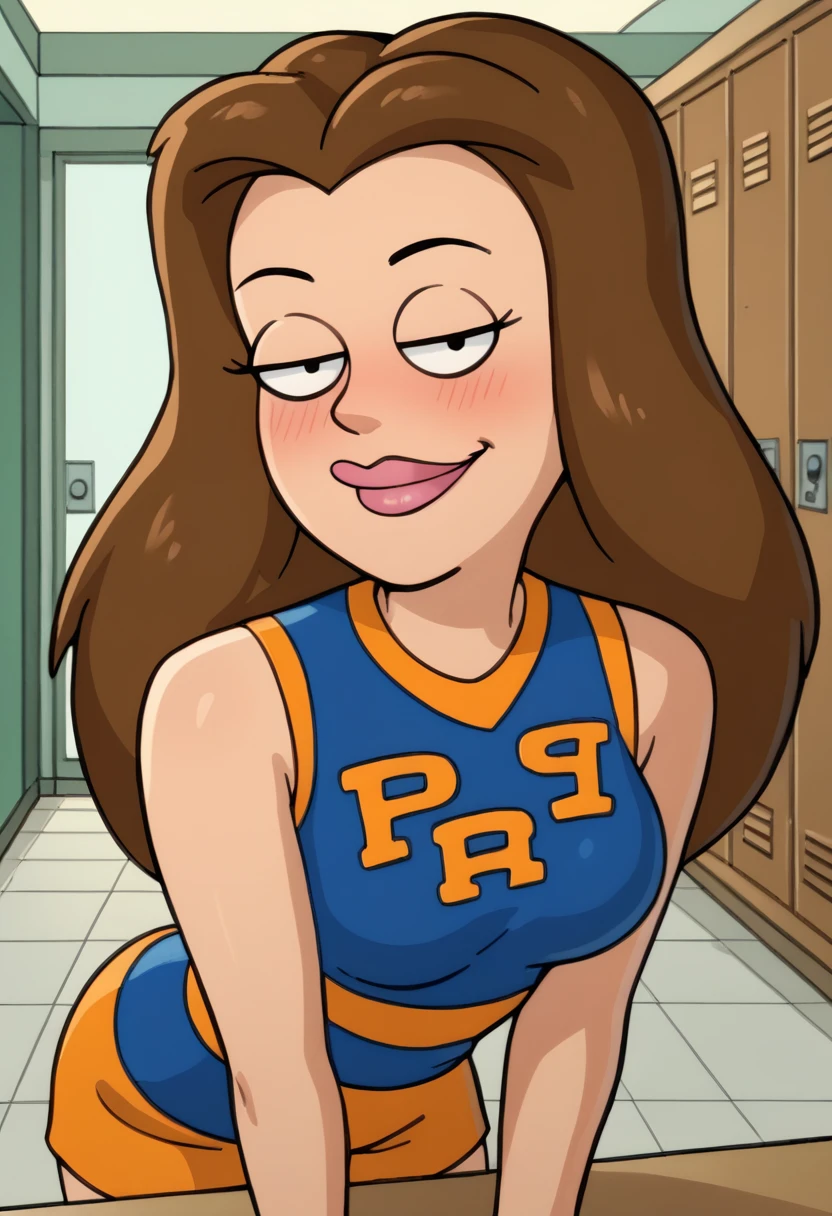 looking at viewer, score_9, score_8_up, score_7_up, score_6_up, score_5_up, score_4_up,  lisasilver, 1girl, brown hair, solo, long hair, sportswear, sleeveless, shirt, sleeveless shirt, lips, school changing room, on fours, upper body, seductive smile, aroused, medium elbow squeeze, breasts squeezed together, blushing, 