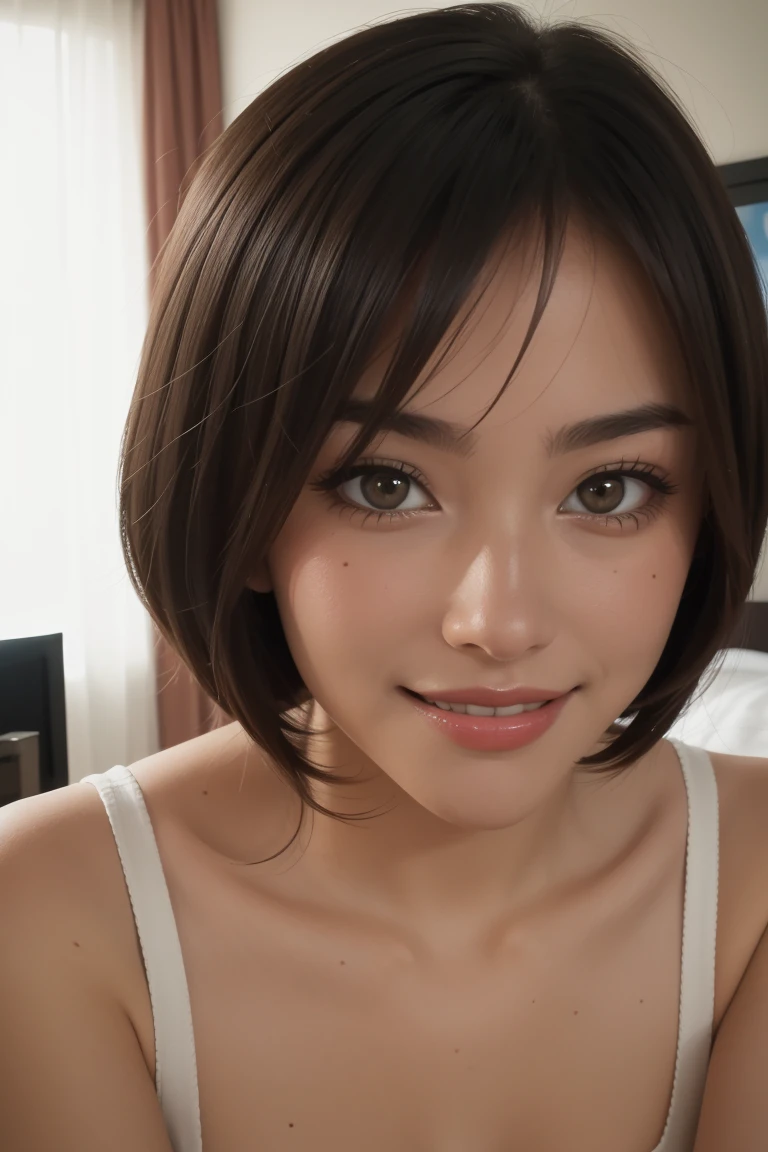 beer1,1girl, solo, (realistic),(hyperrealism),(best quality),(masterpiece),(ultra high res),(photorealistic),(film grain),(underwear , pov , close view , looking at viewer milf),eye makeup,detailed eyes,detailed bedroom , smile ,