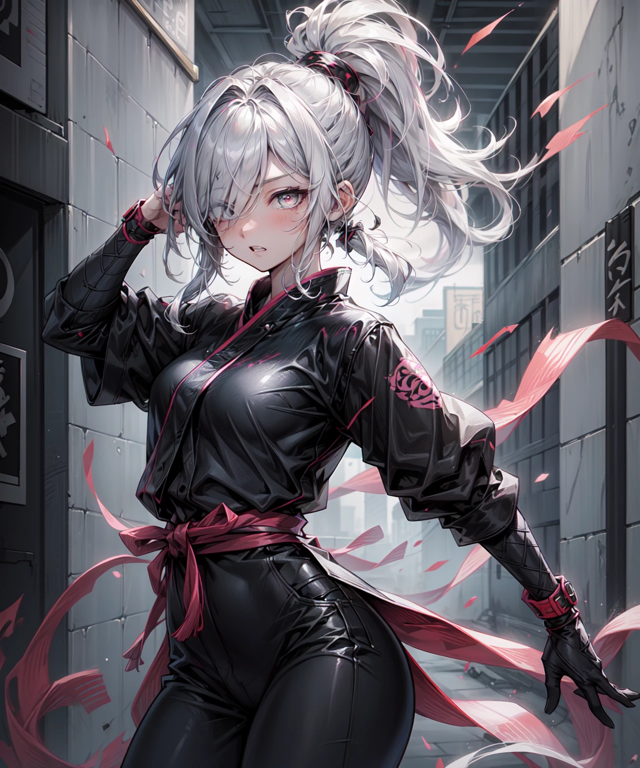 (Highest quality、High resolution、8K、masterpiece: 1.2)。(High angle shot)、A picture of a monster drawn in black paint on a concrete wall。A beautiful girl is seen smashing a part of the concrete wall, along with the picture of the monster, into pieces.。(1 Beautiful Girl:Female ninja、A punch powerful enough to shatter walls.、Energetic expression、Battle Mode、Casual clothes、ponytail、teeth、cheek、Uplifting)、(Hair above one eye:1.3)、Monochrome、Line art thicker、