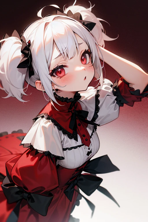 Short white hair, blush, Gothic Lolita、Punk Fashion、Headbang 2.、Red clothes、Twin tails、sharp、(Background white)