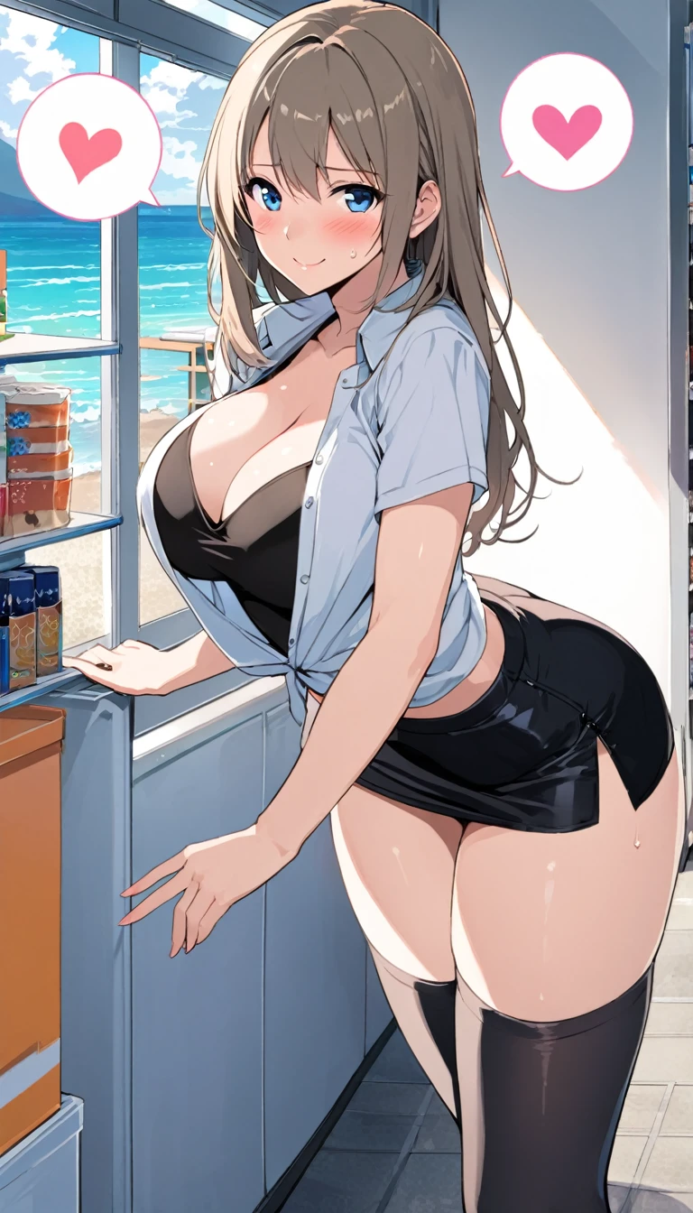 (be familiar with, masterpiece, highest quality, Complex),
cowboy shot, Kyoka Tachibana,
big breasts,
1 girl, alone, At a convenience store,
cute eyes, beautiful face, perfect round butt,
fit and body, female pervert,
The jacket is a cute thin shirt, Cleavage is exposed, Beautiful woman in a white shirt and miniskirt, super mini tight skirt, smile,
black high-heels, Thighhighs, black_leg wear,
early s, alone, pale skin,
blue eyes, ((beautiful mature woman)),
no_bar,
enchanting smile, naughty face, Sweat, vapor, embarrassed, blush, Excited, (spoken heart),
Are standing, Best Sexual Poses, cover the crotch,
(At a convenience store), Near the Ocean shore, (window, Ocean, null, cloud, Day), summer, indoor, perspective, bright lighting, Shelves with many products displayed, white wall,