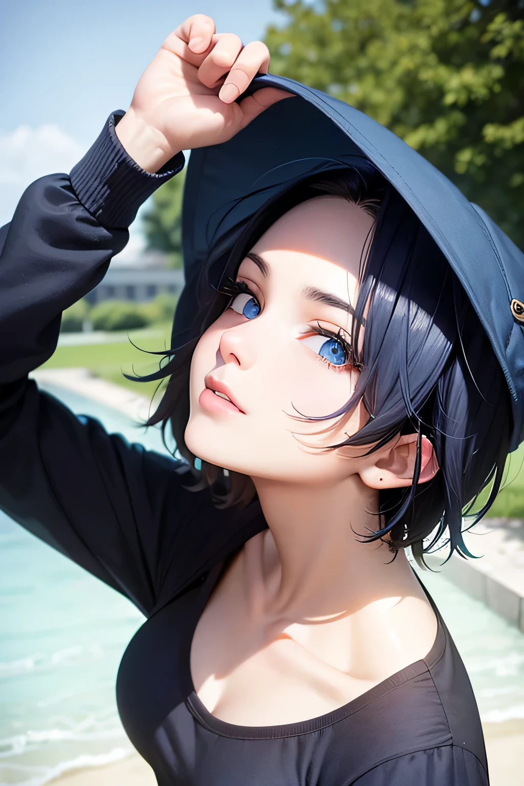 Looking up at the sky Male, 20 years old Dark blue hair Blue Eyes short hair