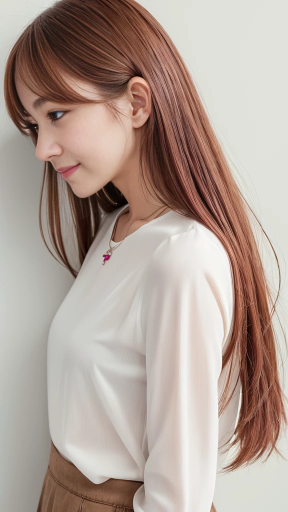 ((Long sleeve blouse))、(背景にWhite wall、Pink brown hair color:1.4)、White wall、In front of a white door、(窓のあるWhite wallの部屋)、(8K、Live Shooting、Highest quality、masterpiece:1.2)、High-quality RAW color photos、Professional photos、(Genuine、フォトGenuine:1.37)、Photographed in natural light、1 Girl、A sloppy smile、(Various poses)、necklace、(Beautiful profile:1.3)、Don't look at the camera、profile、Shortcuts、short hair、The eye color is dark brown、(Beautiful profile:1.3)、Correct hand of human body、Pastel colored clothes、Woman with single eyelid、The correct state of the human body、Natural lip、Shot in well-lit areas、Close to the wall