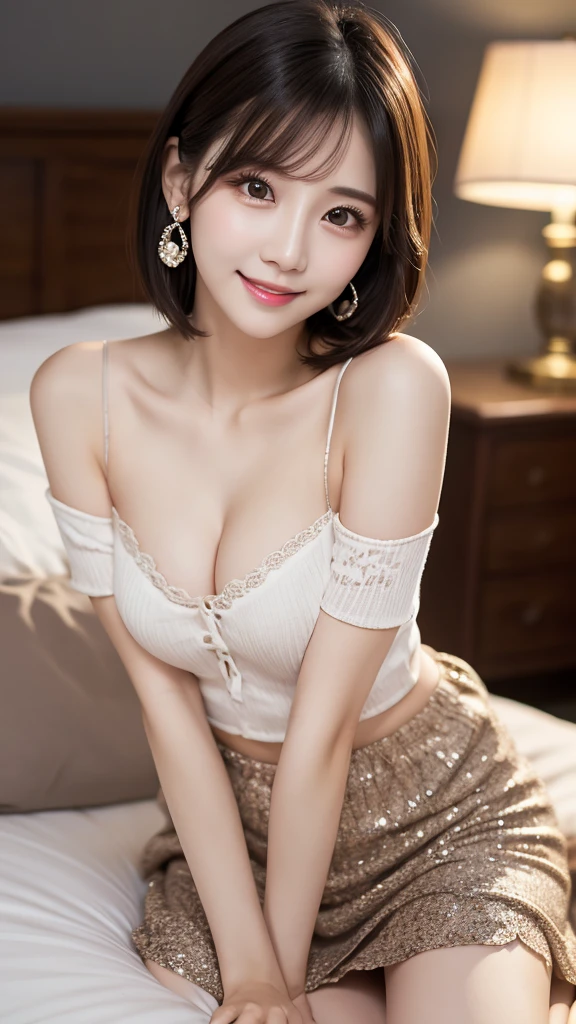 masterpiece、best quality、high resolution、wallpaper、Practical、Bright Lights、Professional lighting、Soft lighting、Japanese women、30 years old、aldult、Beautiful woman、action、Gravure printing、Sexy、so beautiful、Beautiful skin、Exquisite、Delicate face、Slim、short hair、Black Hair、Double eyelids、big eyes、Brown eyes、Long eyelashes、Thin lips、Blink、Diamond Earrings、Light makeup、clavicle、Off-shoulder、mini skirt、美しいclavicle、Beautiful thighs、Lying in bed、outdoor、Smile、White transparent pajamas