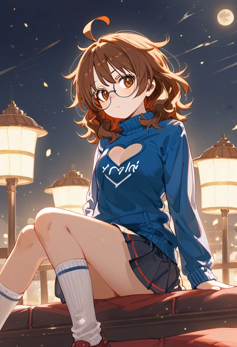 score_9, score_8_superior, One girl, Hina Araki, Under-rim round glasses, Juru, Brown eyes, Brown Hair, Medium Hair, bedhead hair, Ahoge, Messy Hair, Big Hair, Medium chest and beard, Mouth half open, superiorから, Place your hand on your chest , face to tipafter that, Looking into the distance, Contrasting, Dynamic pose, Cinema Lighting, , Deep multi-colored sweater, Heart Cutout Amber Pleated Check_Skirt Ankle socks Light bulb_after that_shoes, Daytime , Blood Moon Altar