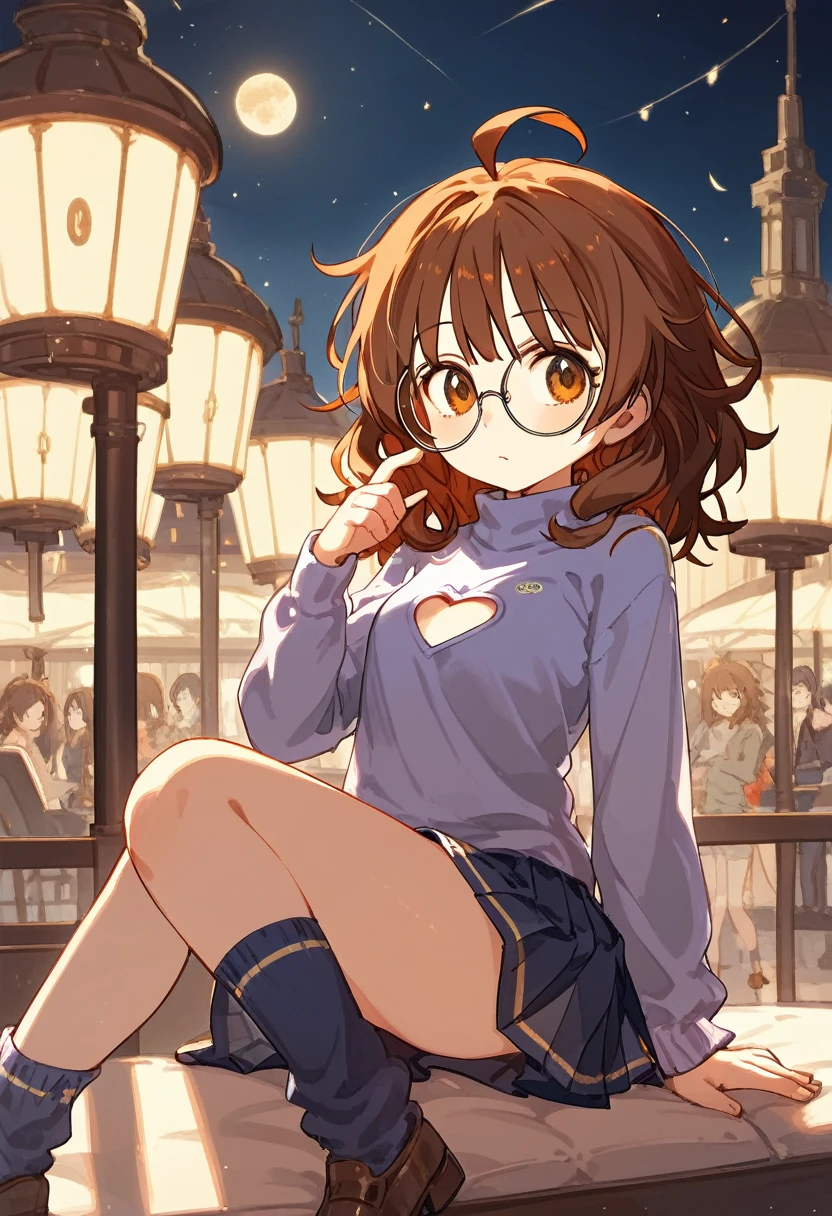 score_9, score_8_superior, One girl, Hina Araki, Under-rim round glasses, Juru, Brown eyes, Brown Hair, Medium Hair, bedhead hair, Ahoge, Messy Hair, Big Hair, Medium chest and beard, Mouth half open, superiorから, Place your hand on your chest , face to tipafter that, Looking into the distance, Contrasting, Dynamic pose, Cinema Lighting, , Deep multi-colored sweater, Heart Cutout Amber Pleated Check_Skirt Ankle socks Light bulb_after that_shoes, Daytime , Blood Moon Altar