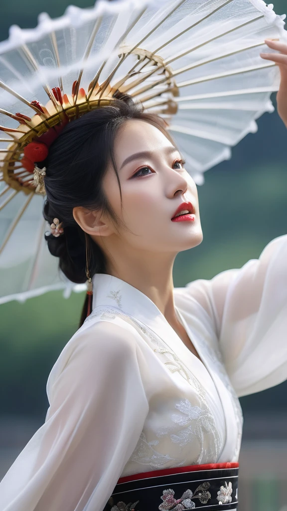 Beautiful Korean woman, (((Mika Maria))), (Motion Blur:1.3), Stunningly beautiful face, Black and white close-up,A woman wearing exquisite white Korean traditional clothing, Flying in the air like China ,Crazy Spin, There are translucent air particles at the hem of the skirt, In China, Professional fashion photography,Ultra HD, 4K, 8K